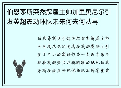 伯恩茅斯突然解雇主帅加里奥尼尔引发英超震动球队未来何去何从再 伯恩茅斯突然解雇主帅加里奥尼尔引发英超震动球队未来何去何从再